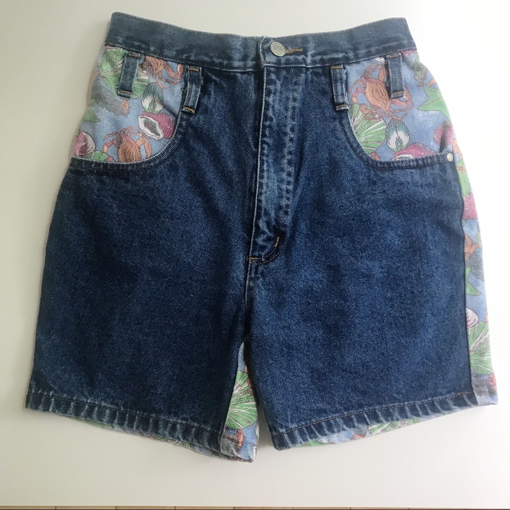 Kids Trend High Waist Vintage Style Denim Shorts Sea Creature Two Tone Print